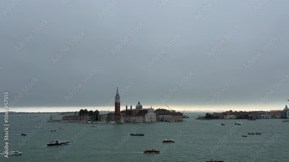 Boats Navigating the Waters Around San Giorgio Maggiore Island in Venice on Cloudy Day Boats Navigating the Waters Around San Giorgio Maggiore Island in Venice on Cloudy Day