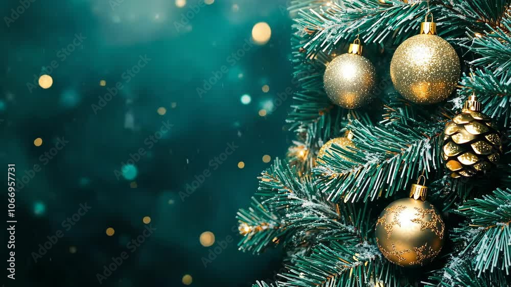 Decorated Christmas Tree With Gold Ornaments, Pine Cones, and Falling Snow on a Teal Background