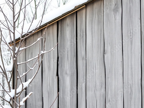 Snow covers the weathered planks of an old wooden fence, with a firtree in the background, wood, season photo