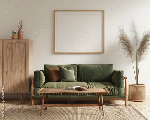 A cozy living room with a green velvet sofa. wooden coffee table. and a large picture frame above the sofa The room is decorated with neutral colors and natural materials. creating a relaxing and invi photo