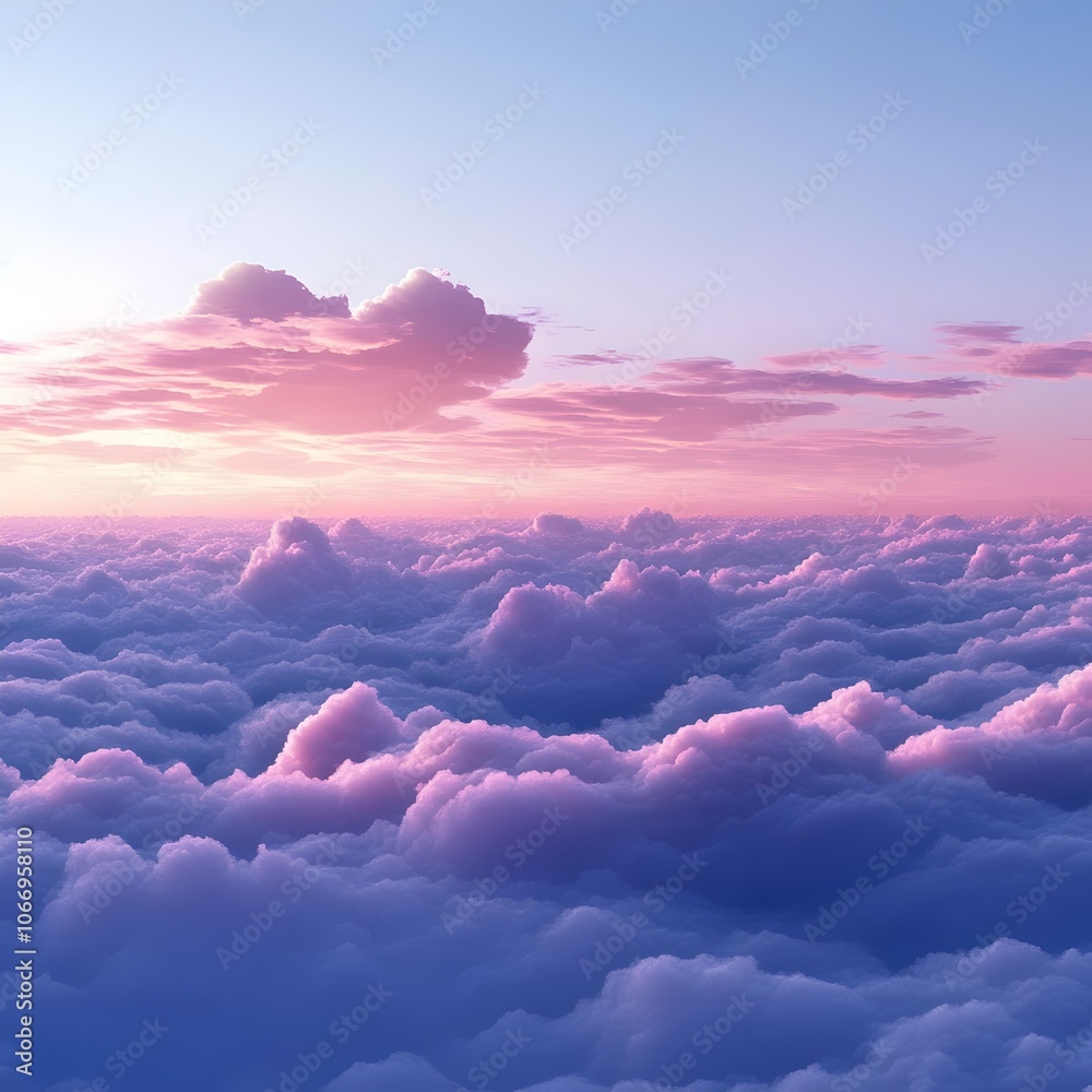A breathtaking view of fluffy clouds in shades of pink and purple, illuminated by the soft glow of a sunrise, creating a serene and tranquil atmosphere high above the horizon. A breathtaking view of fluffy clouds in shades of pink and purple, illuminated by the soft glow of a sunrise, creating a serene and tranquil atmosphere high above the horizon.