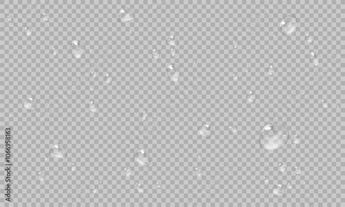 Vector water drops. PNG droplets, condensation on glass, on various surfaces. Realistic drop on a transparent background. Rain and dew.