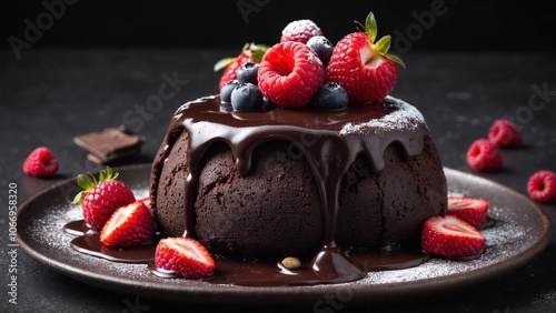 Decadent chocolate lava cake topped with fresh berries and drizzled with chocolate sauce for dessert photo