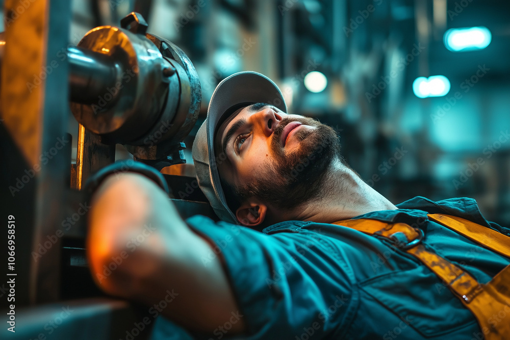 A man in a blue shirt and yellow vest is laying down A man in a blue shirt and yellow vest is laying down