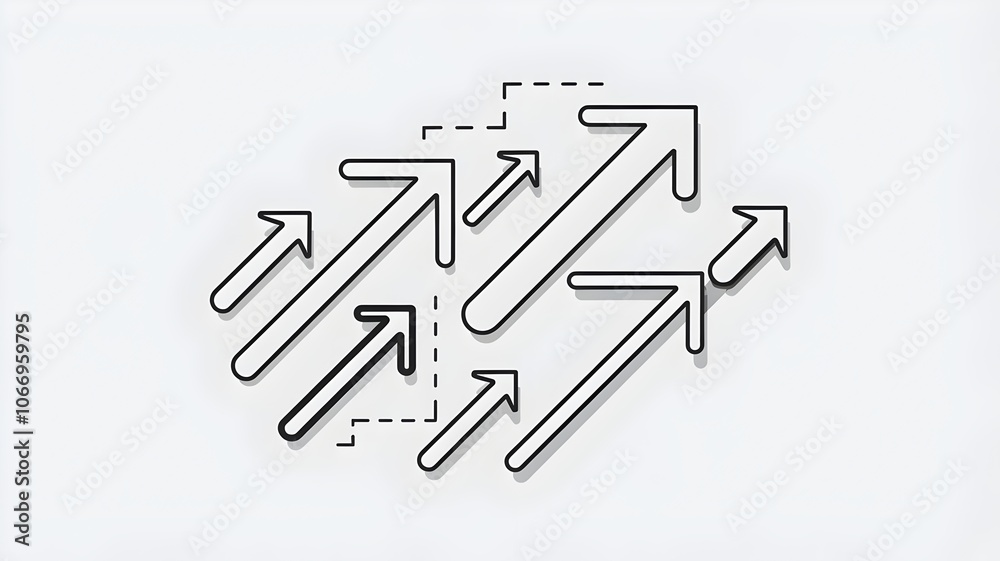 Minimalistic illustration of arrows in varied directions, clean black outlines on white Minimalistic illustration of arrows in varied directions, clean black outlines on white