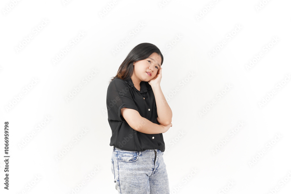 beautiful Asian woman appears bored, waiting with a questioning expression, against a white background beautiful Asian woman appears bored, waiting with a questioning expression, against a white background