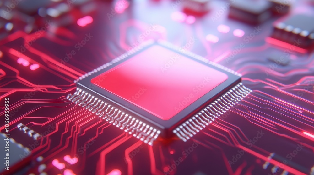 A computer chip with a red background A computer chip with a red background