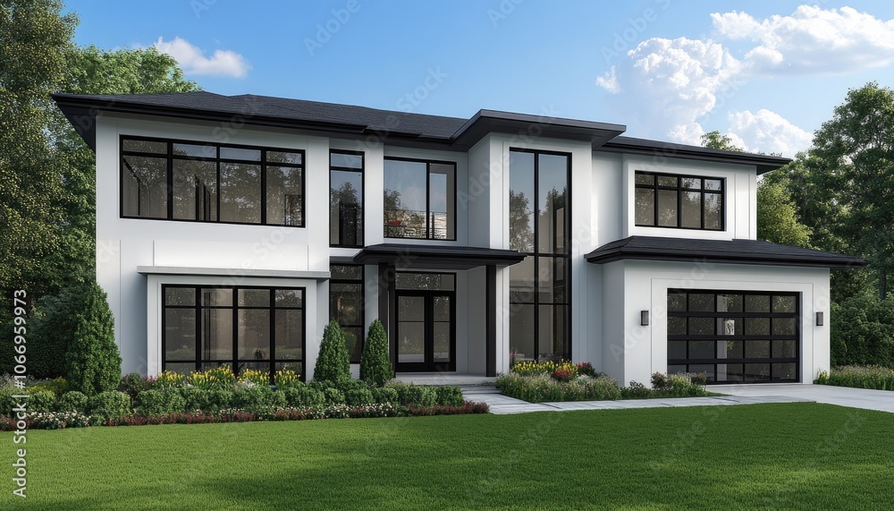 Modern two-story house with large windows and a green lawn, white walls, and black accents Modern two-story house with large windows and a green lawn, white walls, and black accents