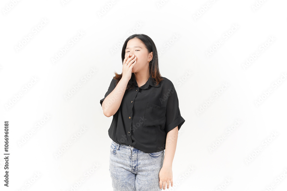 beautiful Asian woman strikes a sleepy pose, with eyes half-closed, against a white background beautiful Asian woman strikes a sleepy pose, with eyes half-closed, against a white background