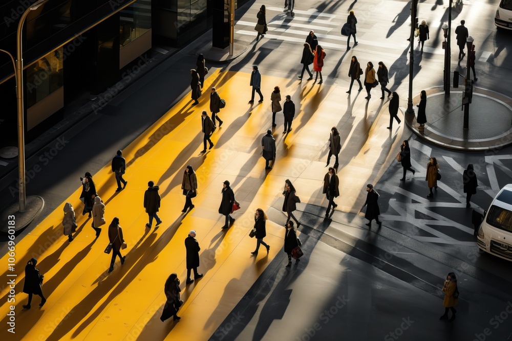 Obraz premium Aerial. People crowd motion through the pedestrian crosswalk. Top view.
