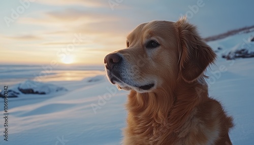 Golden retriever in profile against soft winter light at sunset by the snow photo