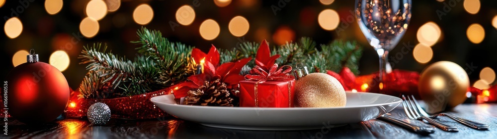 Festive table setting with Christmas decorations, golden ornaments, and a shiny gift box amidst blurred lights. Festive table setting with Christmas decorations, golden ornaments, and a shiny gift box amidst blurred lights.
