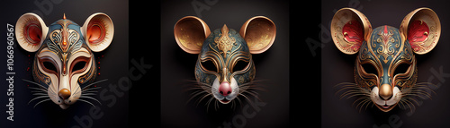 Three intricately detailed mouse masks are isolated against a black background.