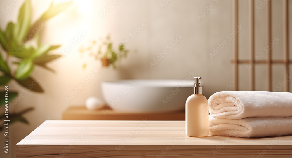 Wooden tabletop, empty podium product display, over blurred bathroom window background with shampoo, cream, towels, mirror. Wooden tabletop, empty podium product display, over blurred bathroom window background with shampoo, cream, towels, mirror.