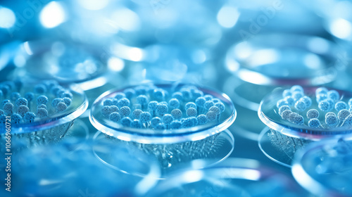 Macro close up shot of Petri Dish. Cultivating blue colonies of microorganisms, bacteria and virus. Microbiology, laboratory, research, test tubes.	
