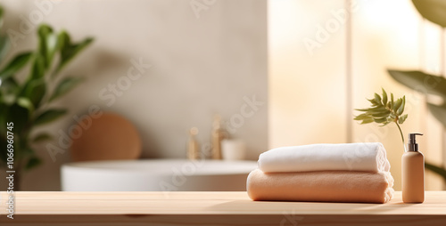 Wooden tabletop, empty podium product display, over blurred bathroom background with shampoo, bath, towels, mirror, flower pot.