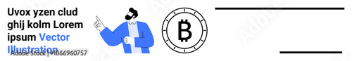 Businessman in blue jacket, Bitcoin symbol coin, and black lines. Ideal for financial websites, cryptocurrency blogs, business presentations, fintech marketing, education, technology startups