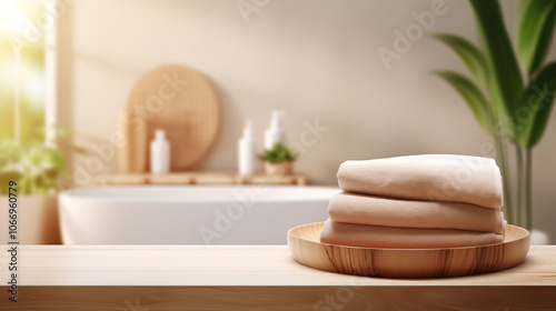 Wooden tabletop, empty podium product display, over blurred bathroom background with shampoo, bath, towels, mirror, flower pot.
