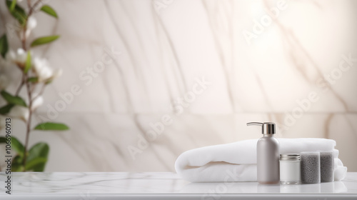 White marble tabletop, empty podium product display, over blurred bathroom background with shampoo, towels	
