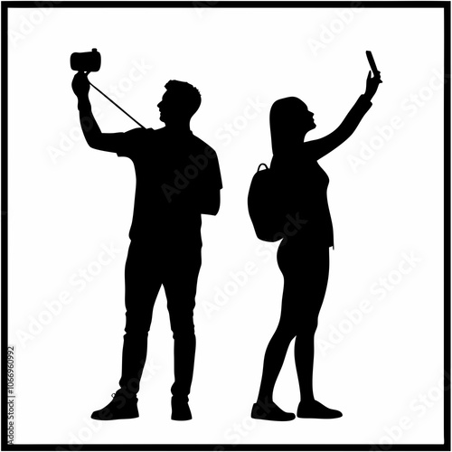 silhouettes of two tourists taking photos without background