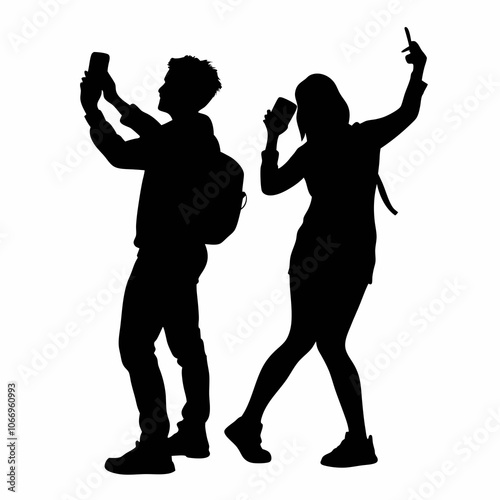 vector silhouettes of tourists taking photos