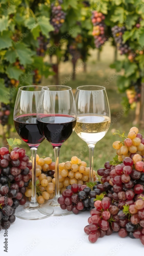 Table in vineyard with glasses of red and white wine surrounded by ripe grapes vineyard Table in vineyard with glasses of red and white wine surrounded by ripe grapes vineyard