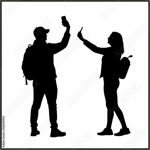 silhouette of people taking photo isolated without background