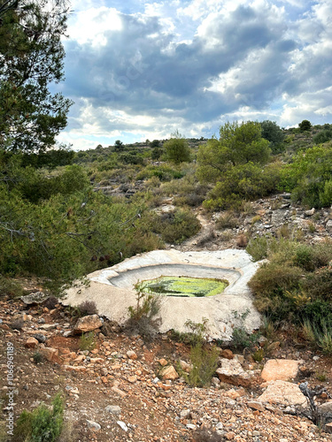 Artificial pond with water for animals and birds in Spain mountains. Watering hole for animals and birds in wild. Fresh water in wildlife. Drink for wild animals. Hunters take care the native fauna.