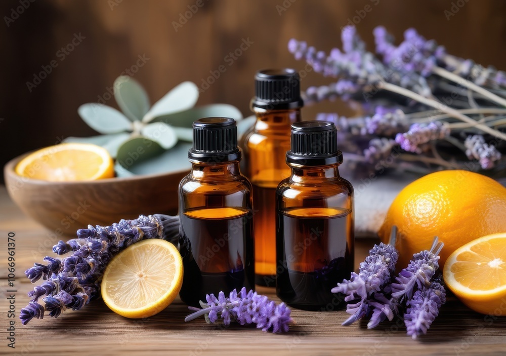 Bottles of essential oils, fresh lavender, and orange halves arranged for soothing self-care rituals Bottles of essential oils, fresh lavender, and orange halves arranged for soothing self-care rituals