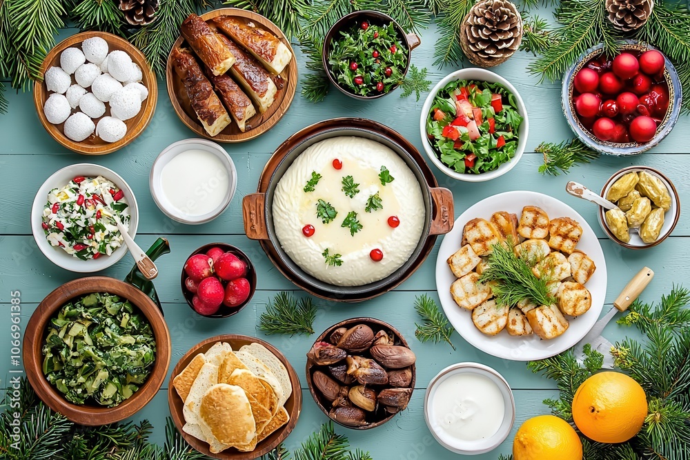 A festive table spread with various traditional dishes and ingredients, with a rustic wooden background. A festive table spread with various traditional dishes and ingredients, with a rustic wooden background.