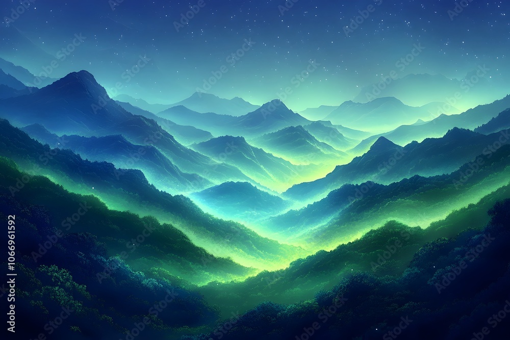 A serene digital artwork showcasing a tranquil mountain landscape at twilight, with layers of blue and green hues creating a mystical atmosphere. A serene digital artwork showcasing a tranquil mountain landscape at twilight, with layers of blue and green hues creating a mystical atmosphere.
