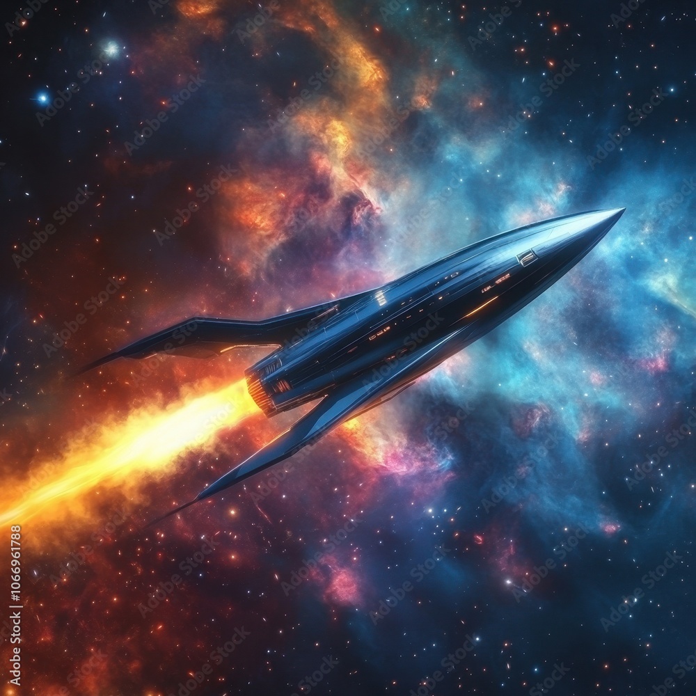 Obraz premium A sleek futuristic spacecraft soaring through a nebula, leaving a trail of glowing energy behind it, surrounded by stars and colorful gases in deep space