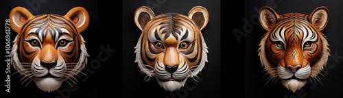 Three tiger masks are isolated against a black background.