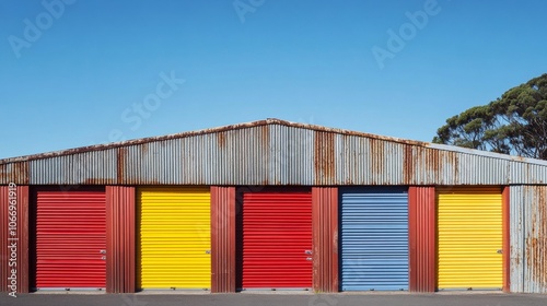 Colorful garage doors under rusty roof and blue sky