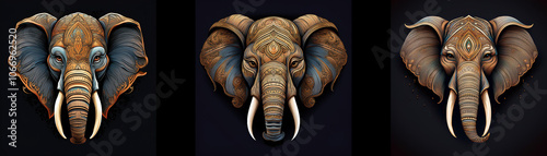 Three elephant heads are shown in the image. Each head is isolated against a black background. The elephants have detailed features, including large ears, long tusks, and a textured trunk. photo