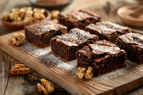 Rustic chocolate brownies with crackly top, powdered sugar, and walnuts on a wooden board photo