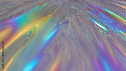 A reflective holographic liquid coating a metallic surface constantly shifting in color, Ai Generated