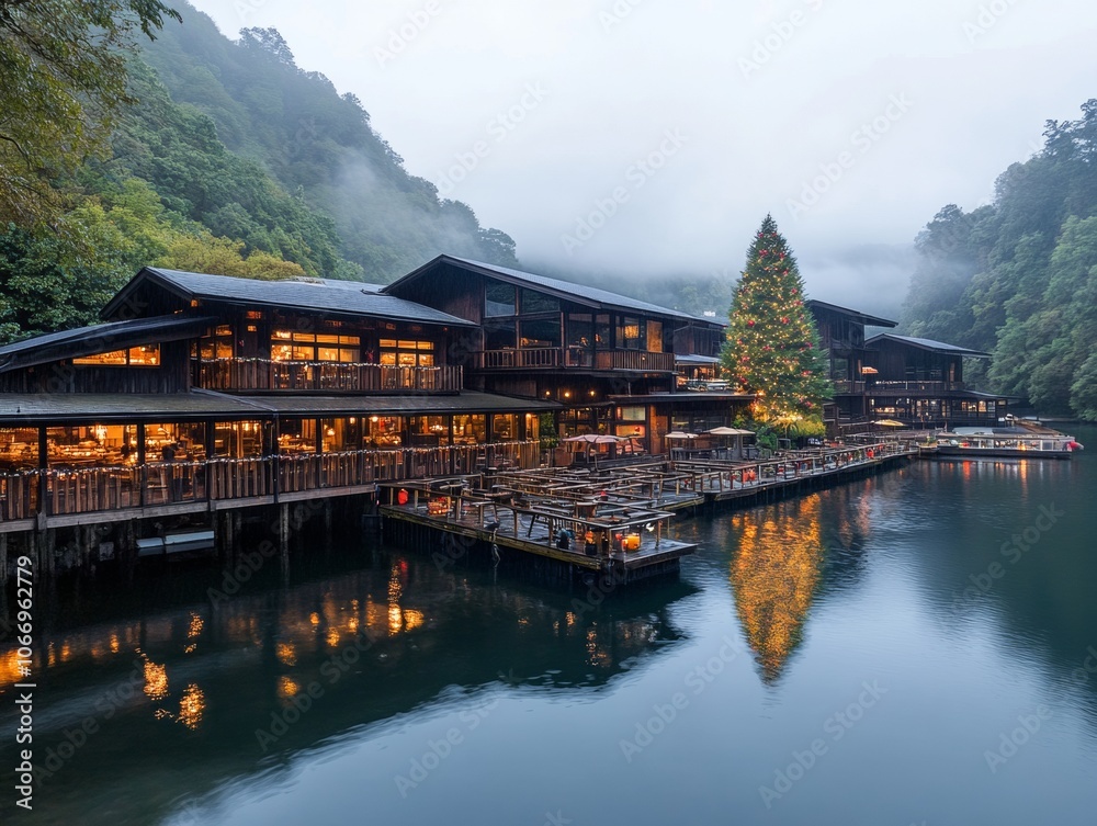 Fototapeta premium American lakeside resort decorated tree by lake