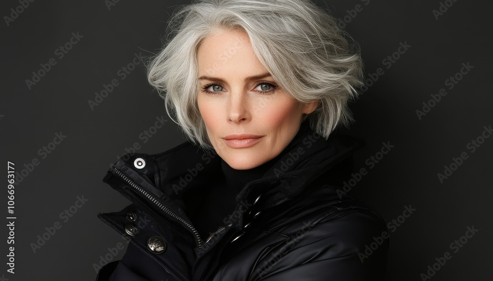 Elegant gray-haired woman in a stylish black jacket posing confidently indoors Elegant gray-haired woman in a stylish black jacket posing confidently indoors