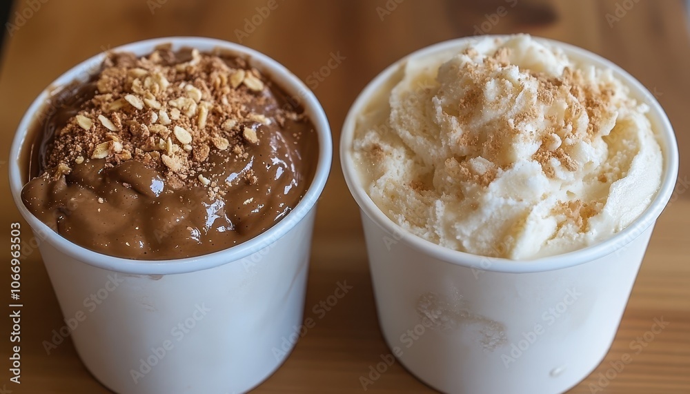 Delicious ice cream cups with crunchy toppings enjoyed on a warm day Delicious ice cream cups with crunchy toppings enjoyed on a warm day