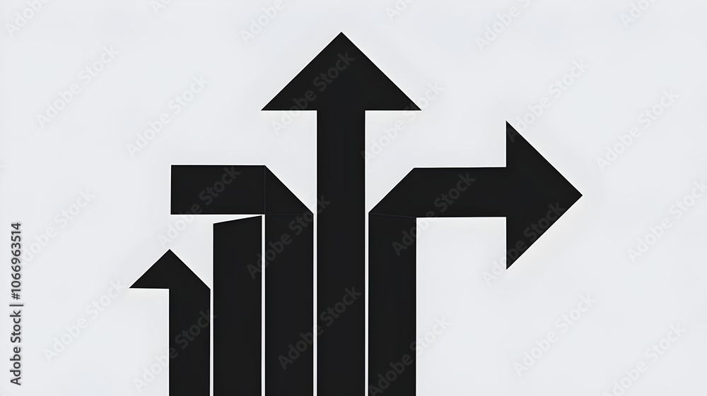 Geometric bold arrow design, three directions, black arrows on white Geometric bold arrow design, three directions, black arrows on white