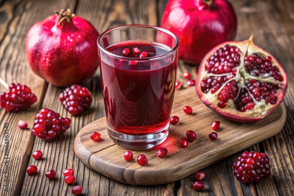 Pomegranate juice and fresh seeds displayed on wooden surface with fruit. Generative AI Pomegranate juice and fresh seeds displayed on wooden surface with fruit. Generative AI