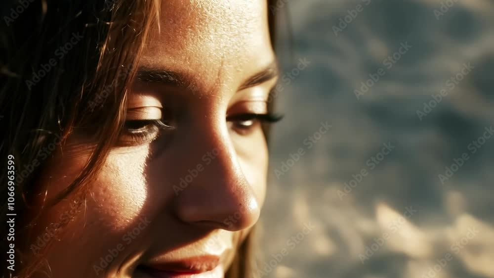 Woman's reflective gaze in sunlight with soft expressions and subtle movement Woman's reflective gaze in sunlight with soft expressions and subtle movement