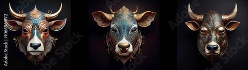 Three detailed cow masks isolated against a black background. photo