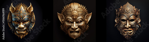 Three ornate masks with carved details, isolated on a black background.