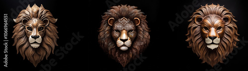 Three lion masks are isolated on a black background.