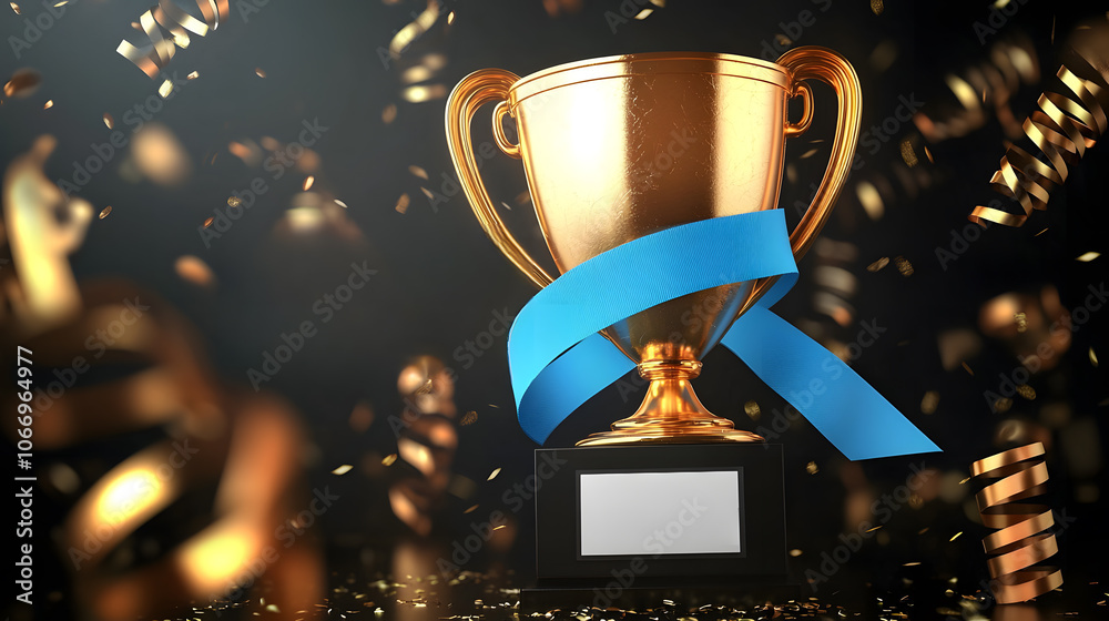 Shiny golden trophy with blue ribbon and confetti