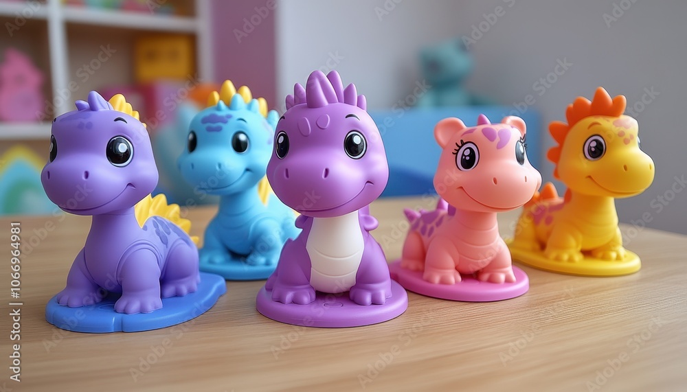 Cute toy dinosaurs arranged on a wooden table in a playful room setting Cute toy dinosaurs arranged on a wooden table in a playful room setting