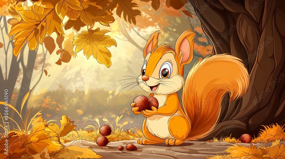 Fototapeta premium A charming cartoon squirrel sits beneath a large tree in a vibrant autumn forest.