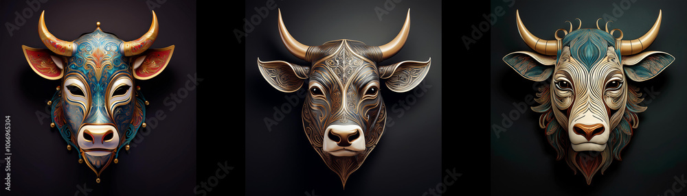 Three intricately detailed bull masks are displayed against a black background. Three intricately detailed bull masks are displayed against a black background.